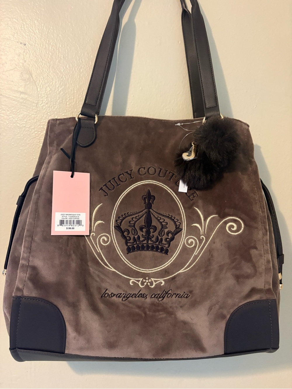 Juicy Couture Brown Velvet Tote Bag with Crown Embroidery J charm and Pom Pom